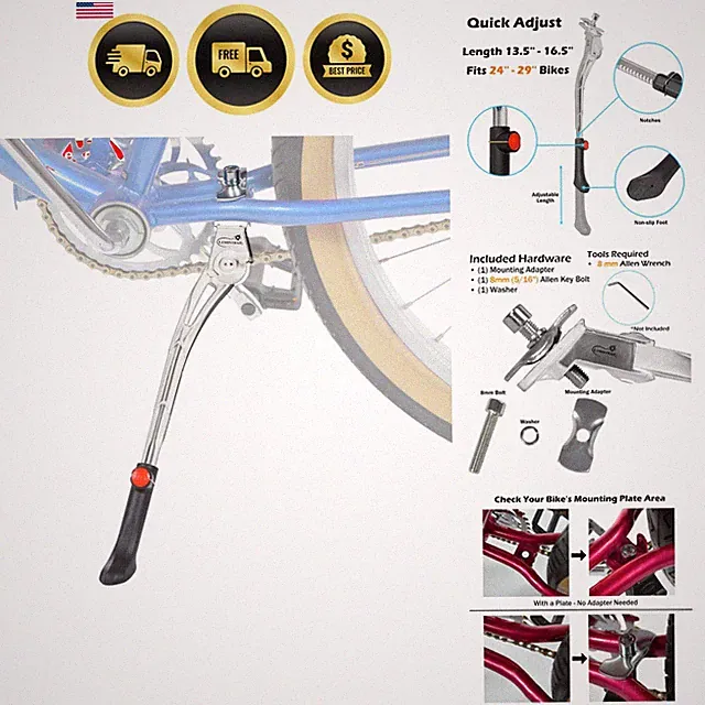 Center Mount Bike Kickstand - Fits 24-29 Inch Bicycles - Adult Mountain, Crui...